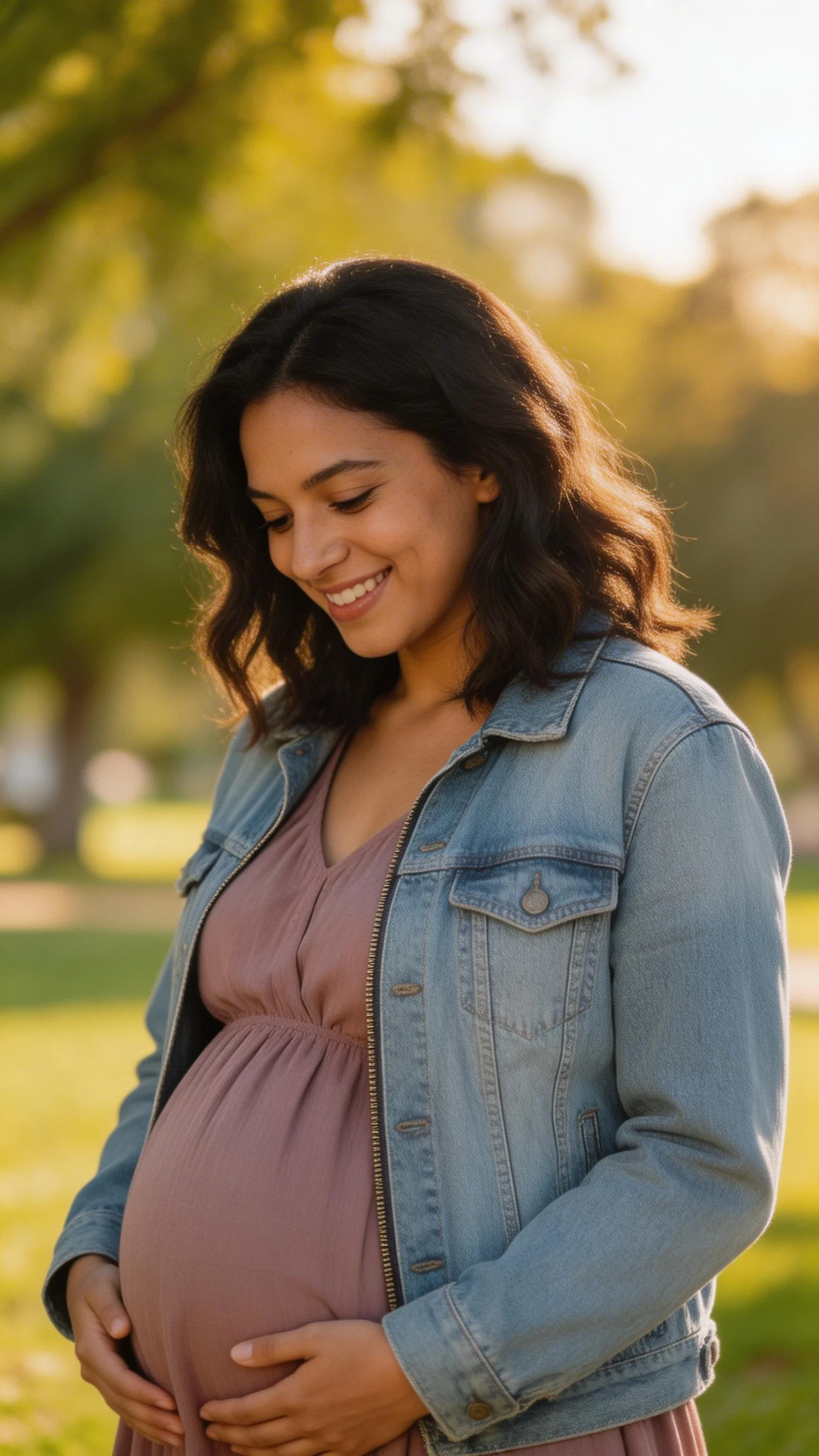 Pregnant Latina woman laughing in park wearing denim jacket and maternity dress