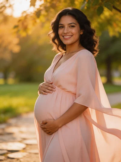Pregnant Latina woman outdoors at golden hour in flowing maternity gown