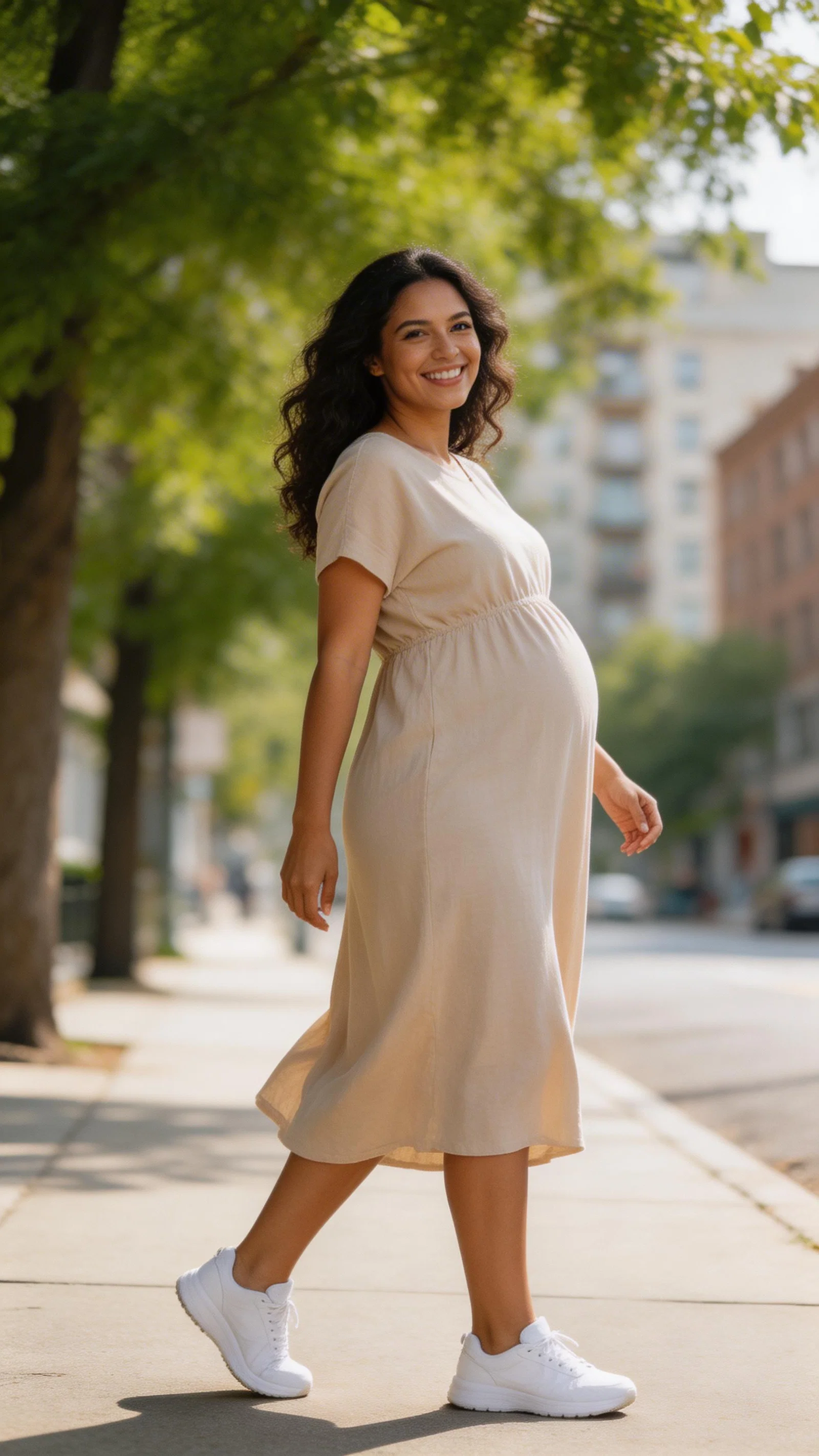 Pregnant Latina woman walking outdoors in casual maternity dress and sneakers