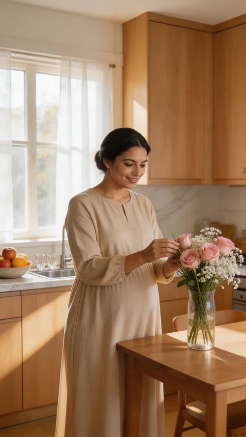 Pregnant Middle Eastern woman arranging flowers in a bright kitchen