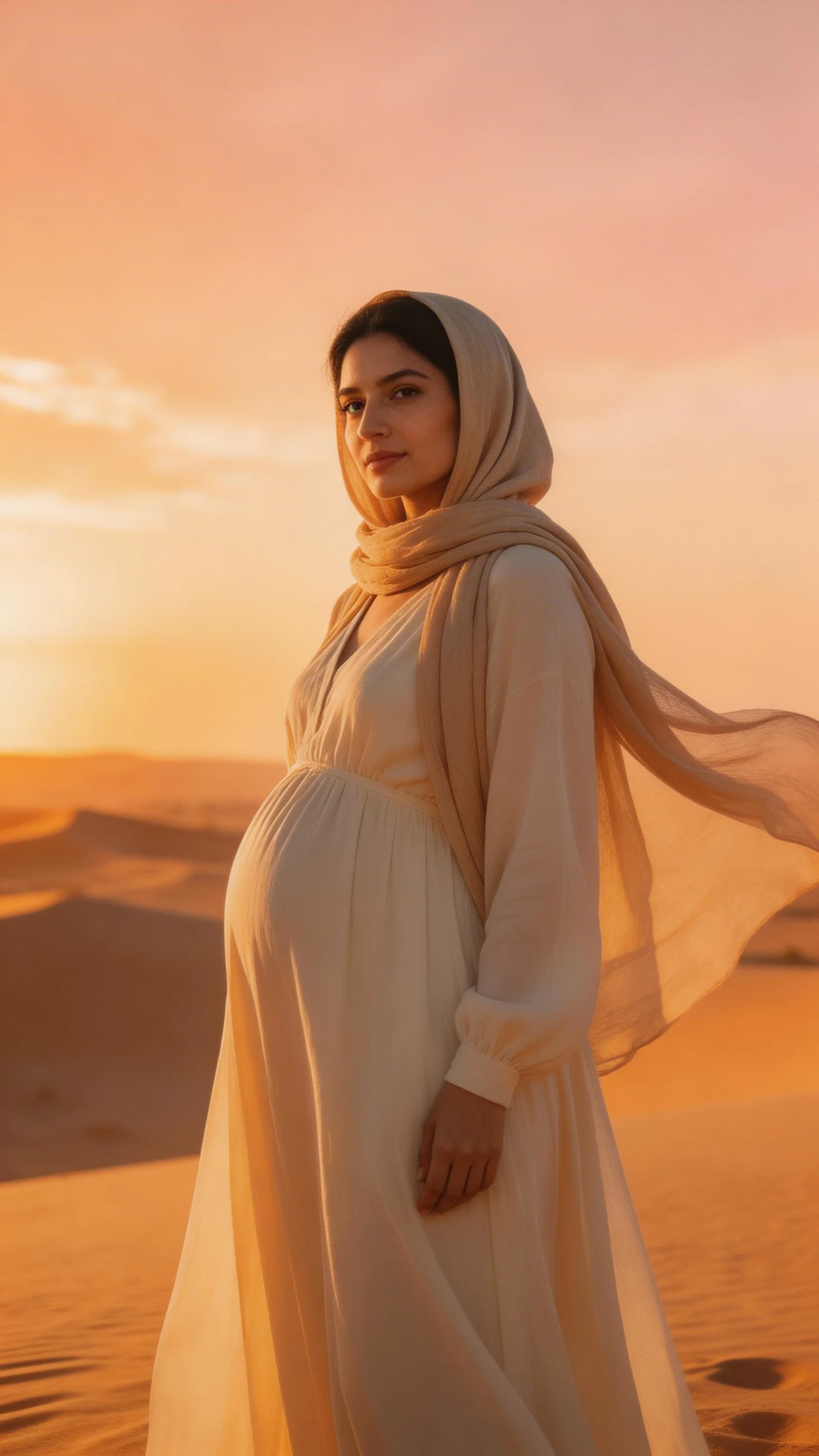 Pregnant Middle Eastern woman at sunset in desert wearing flowing maternity dress