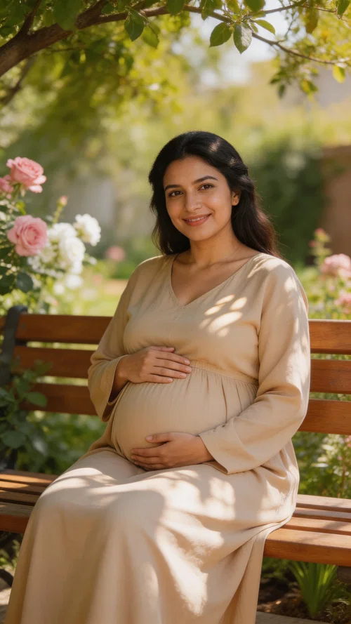 Pregnant Middle Eastern woman seated in garden courtyard wearing modest maternity dress