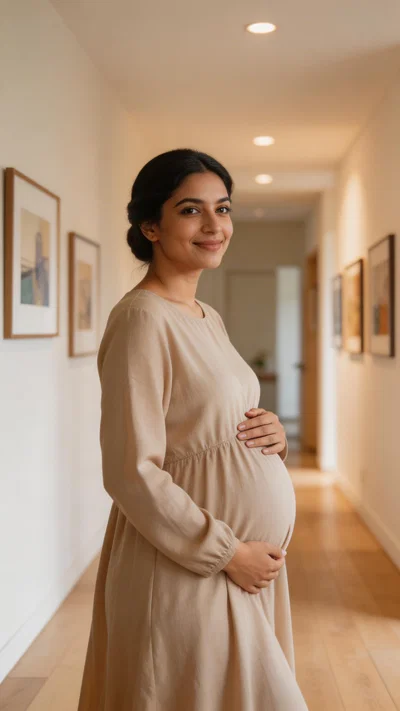 Pregnant Middle Eastern woman walking indoors in modern apartment wearing modest maternity dress