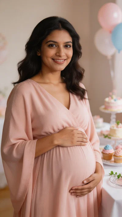 Pregnant South Asian woman at baby shower in elegant maternity dress