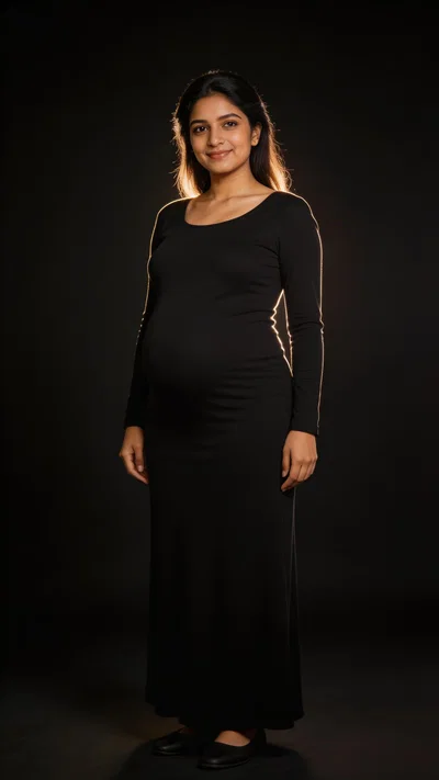 Pregnant South Asian woman in dramatic studio full-body maternity portrait