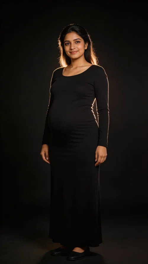Pregnant South Asian woman in dramatic studio full-body maternity portrait