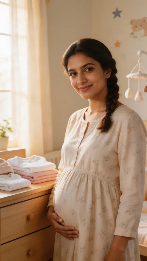 Pregnant South Asian woman in nursery holding baby clothes in natural light
