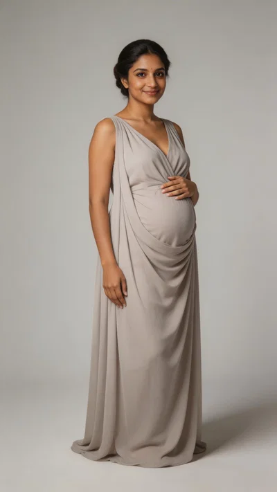 Pregnant South Asian woman in studio wearing elegant draped maternity gown