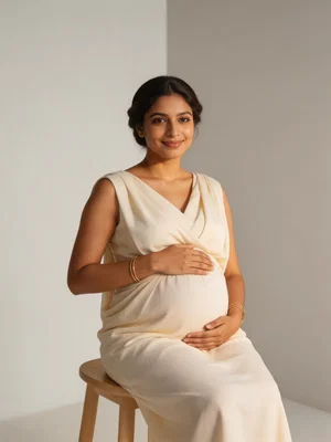 Pregnant South Asian woman seated in studio with elegant maternity styling