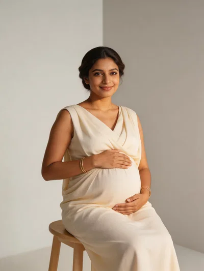 Pregnant South Asian woman seated in studio with elegant maternity styling