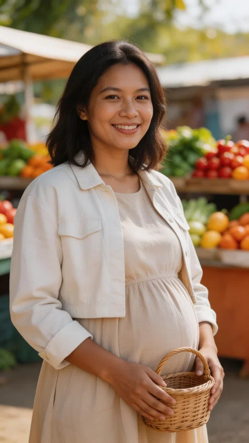 Pregnant Southeast Asian woman at farmers market holding basket in casual maternity dress