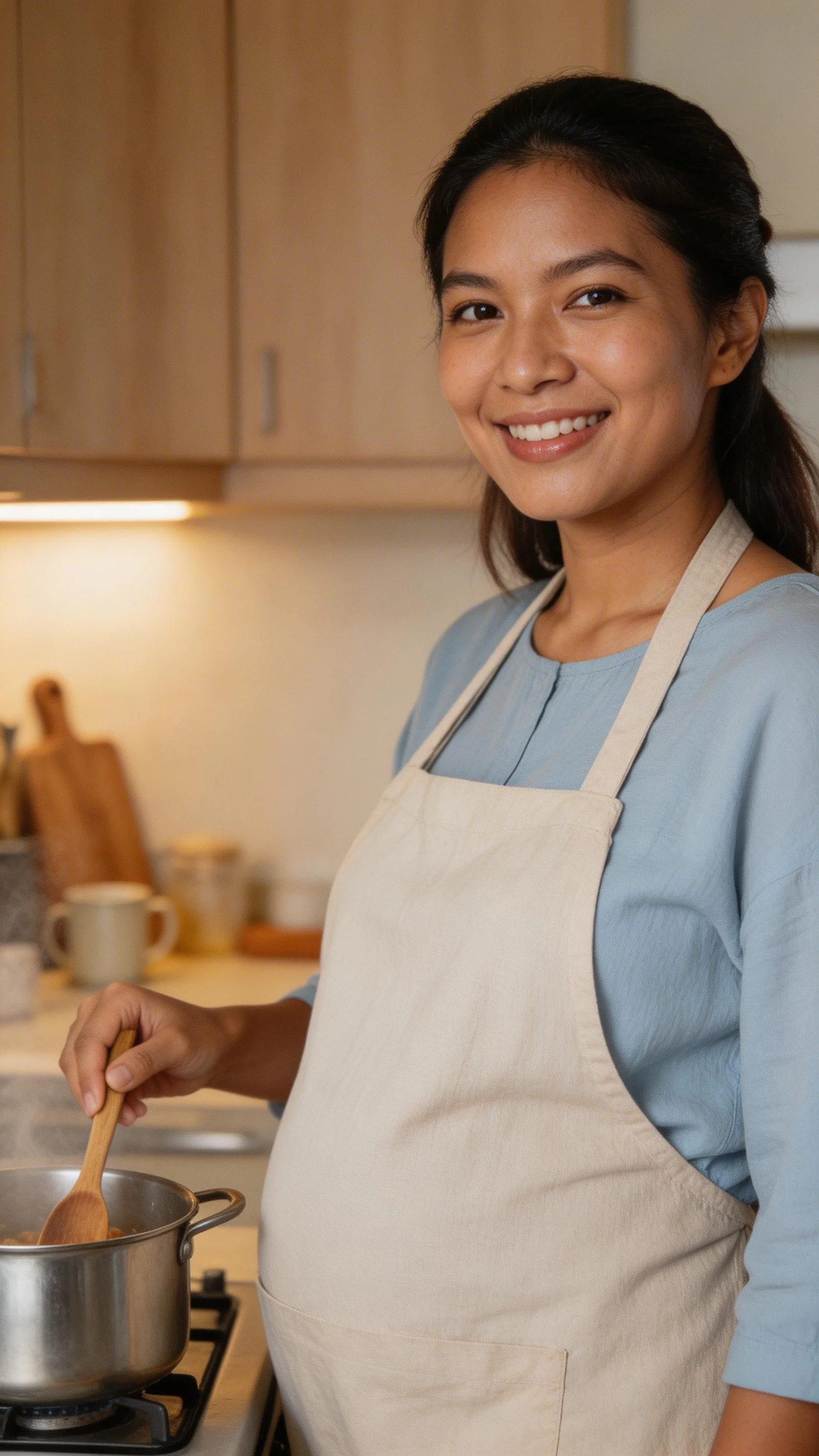 Pregnant Southeast Asian woman cooking at home in maternity top and apron