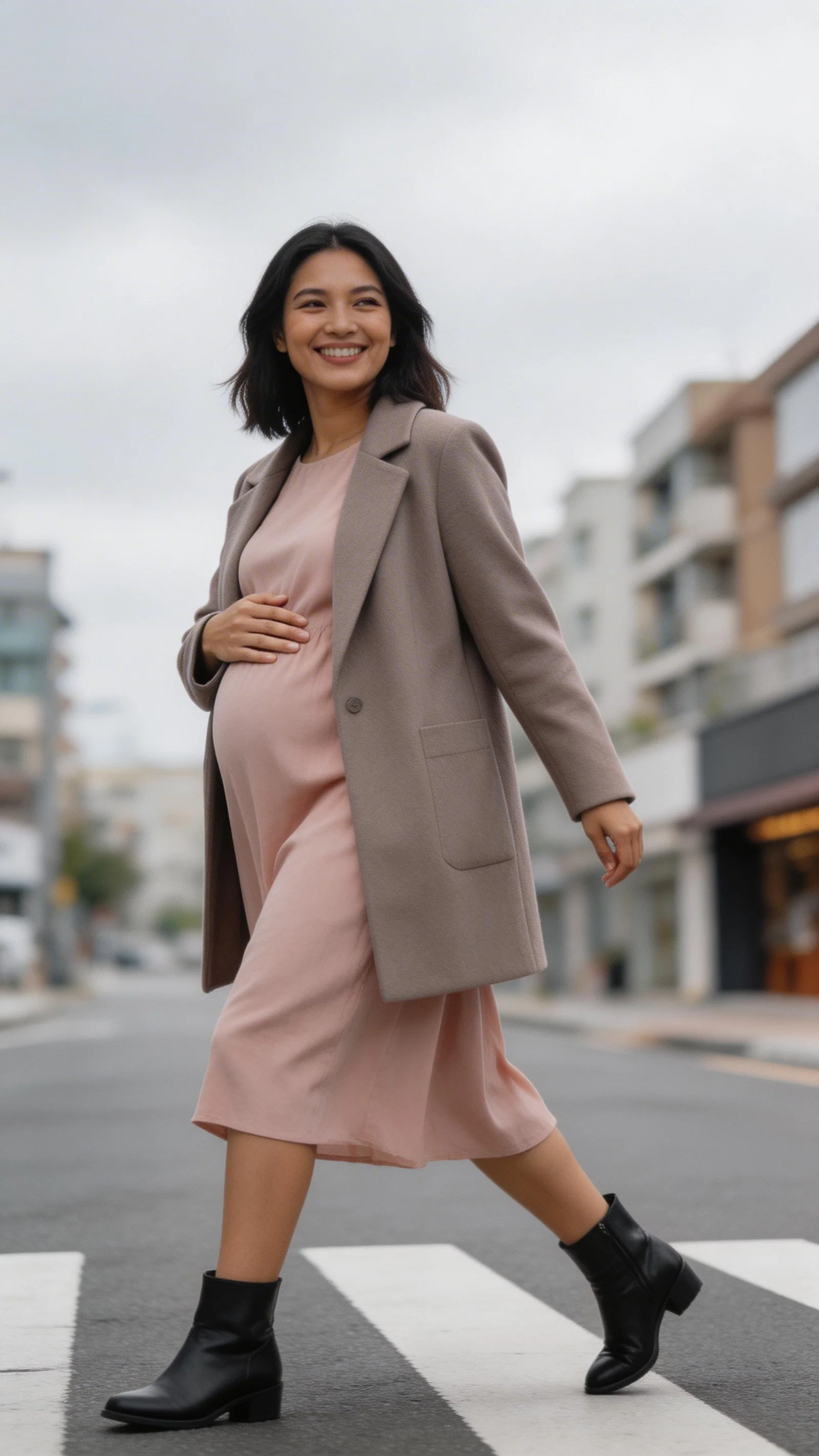 Pregnant Southeast Asian woman in stylish maternity coat walking in city