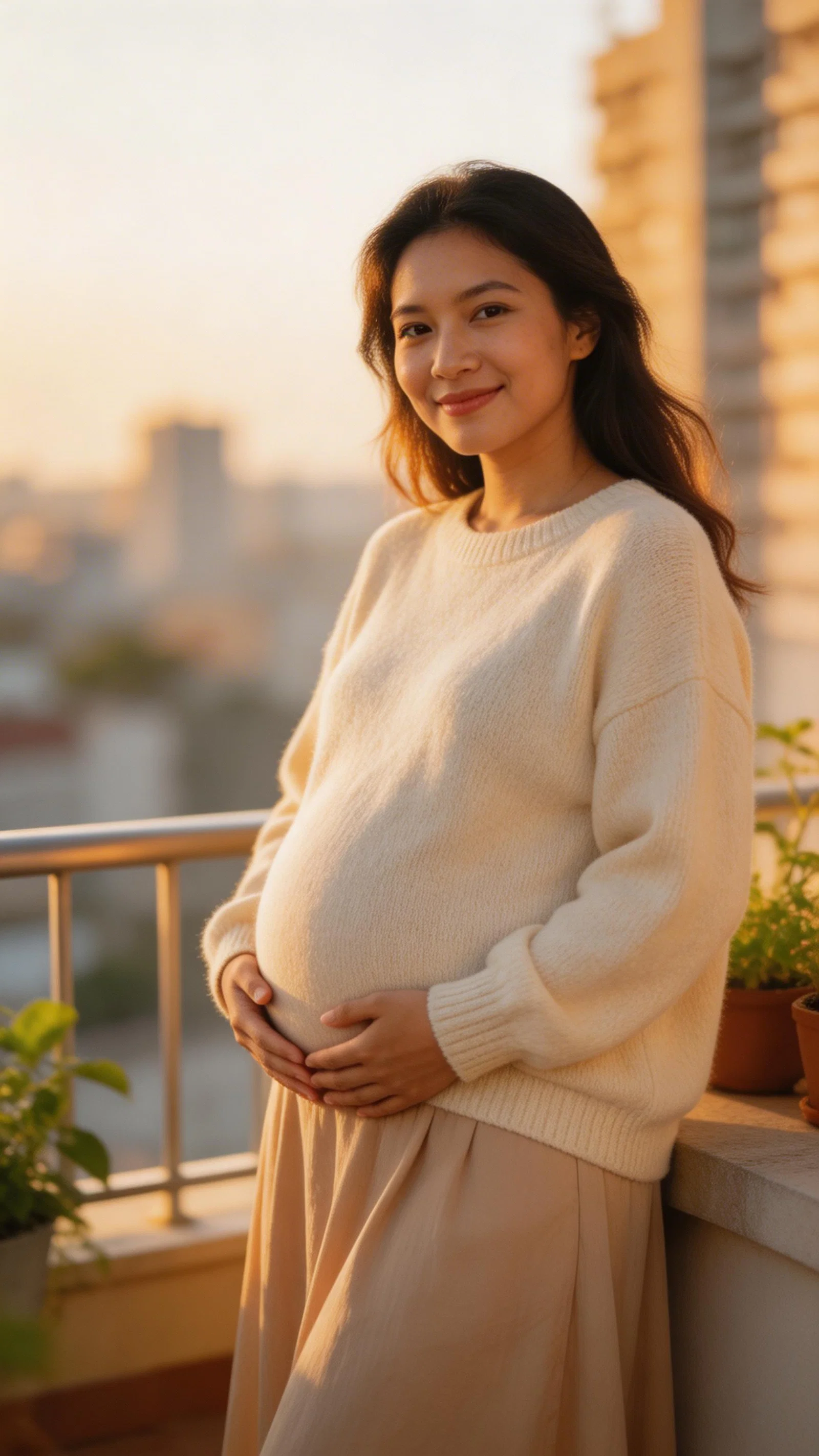 Pregnant Southeast Asian woman on balcony in knit maternity sweater at golden hour