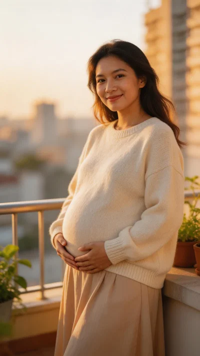 Pregnant Southeast Asian woman on balcony in knit maternity sweater at golden hour