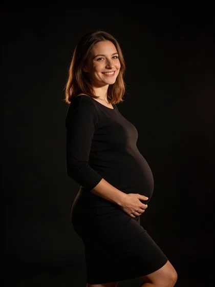 Pregnant White woman in dramatic studio maternity portrait with moody lighting