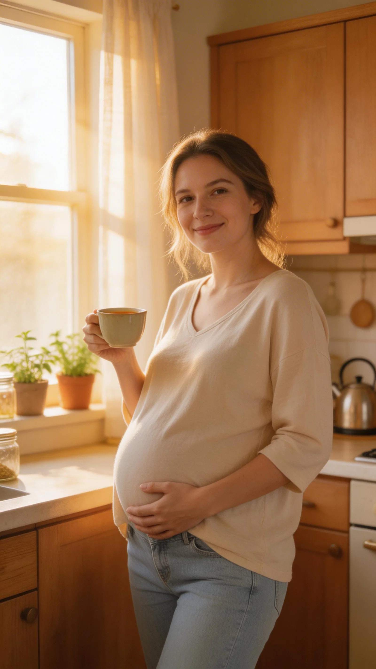 Pregnant White woman in sunlit kitchen holding tea and smiling softly