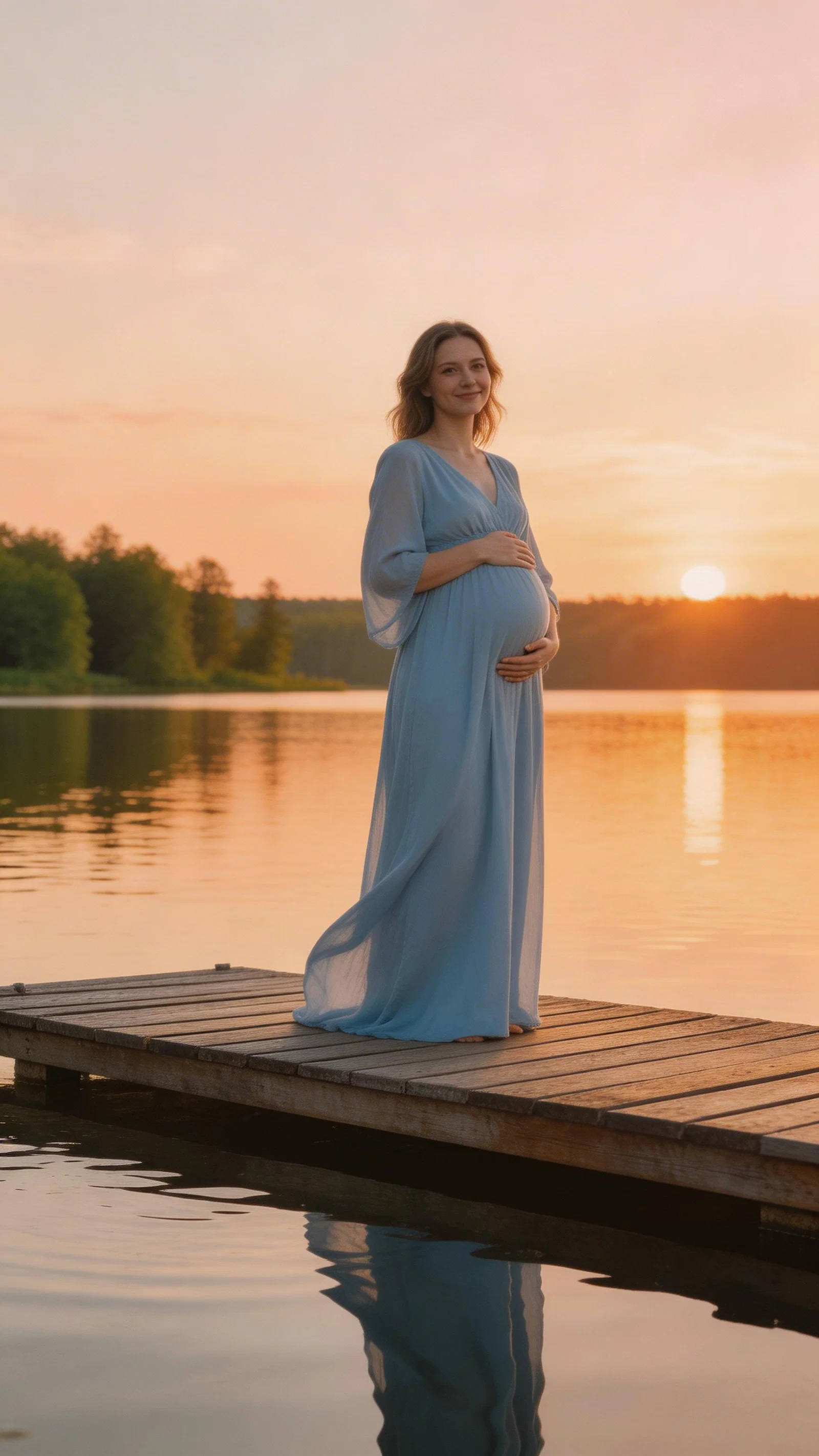 Pregnant White woman on dock by lake in flowing blue maternity dress