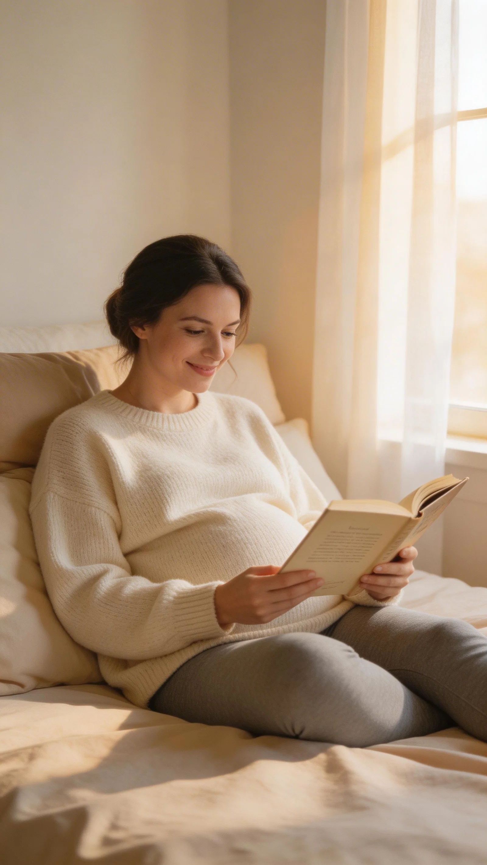 Pregnant White woman reading baby book at home in cozy maternity sweater