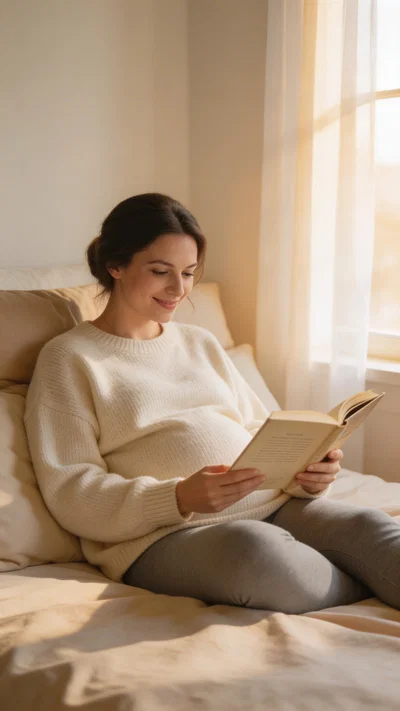 Pregnant White woman reading baby book at home in cozy maternity sweater