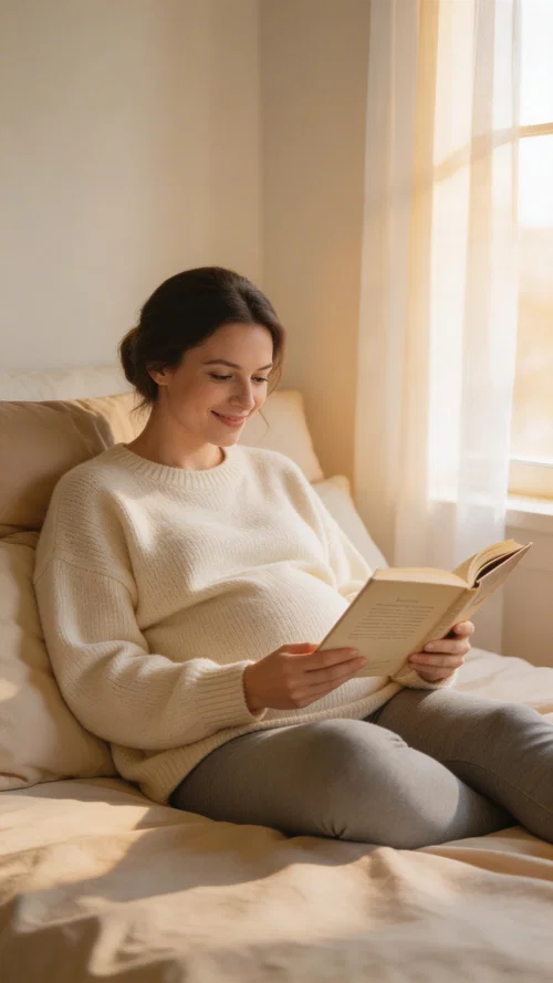 Pregnant White woman reading baby book at home in cozy maternity sweater