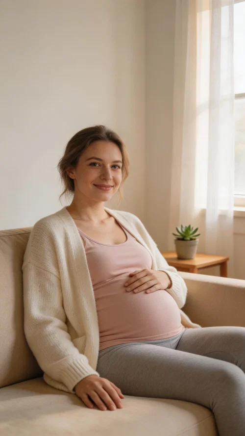Pregnant White woman relaxing at home in cozy cardigan and leggings