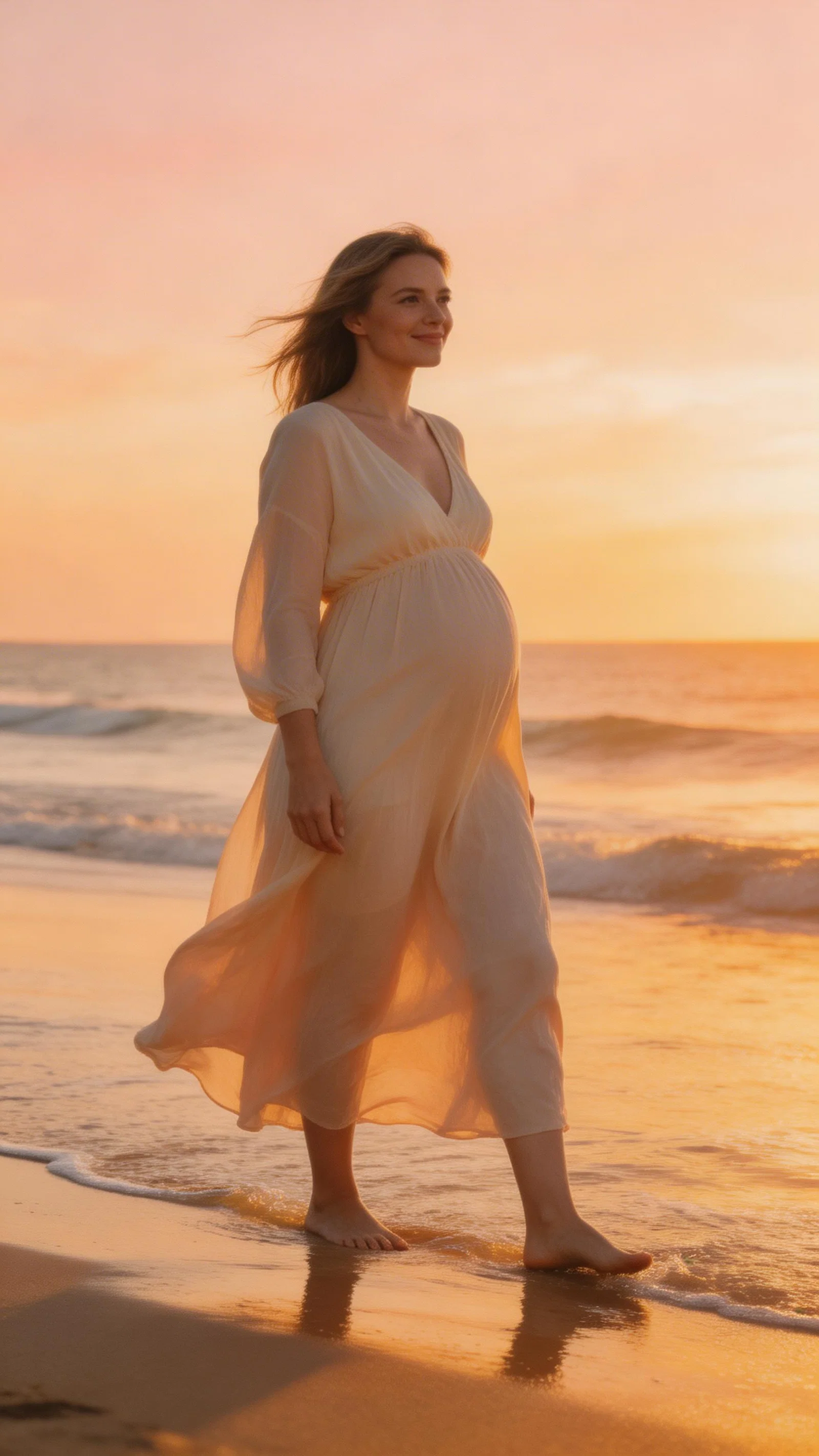 Pregnant White woman walking by shoreline in flowing maternity maxi dress