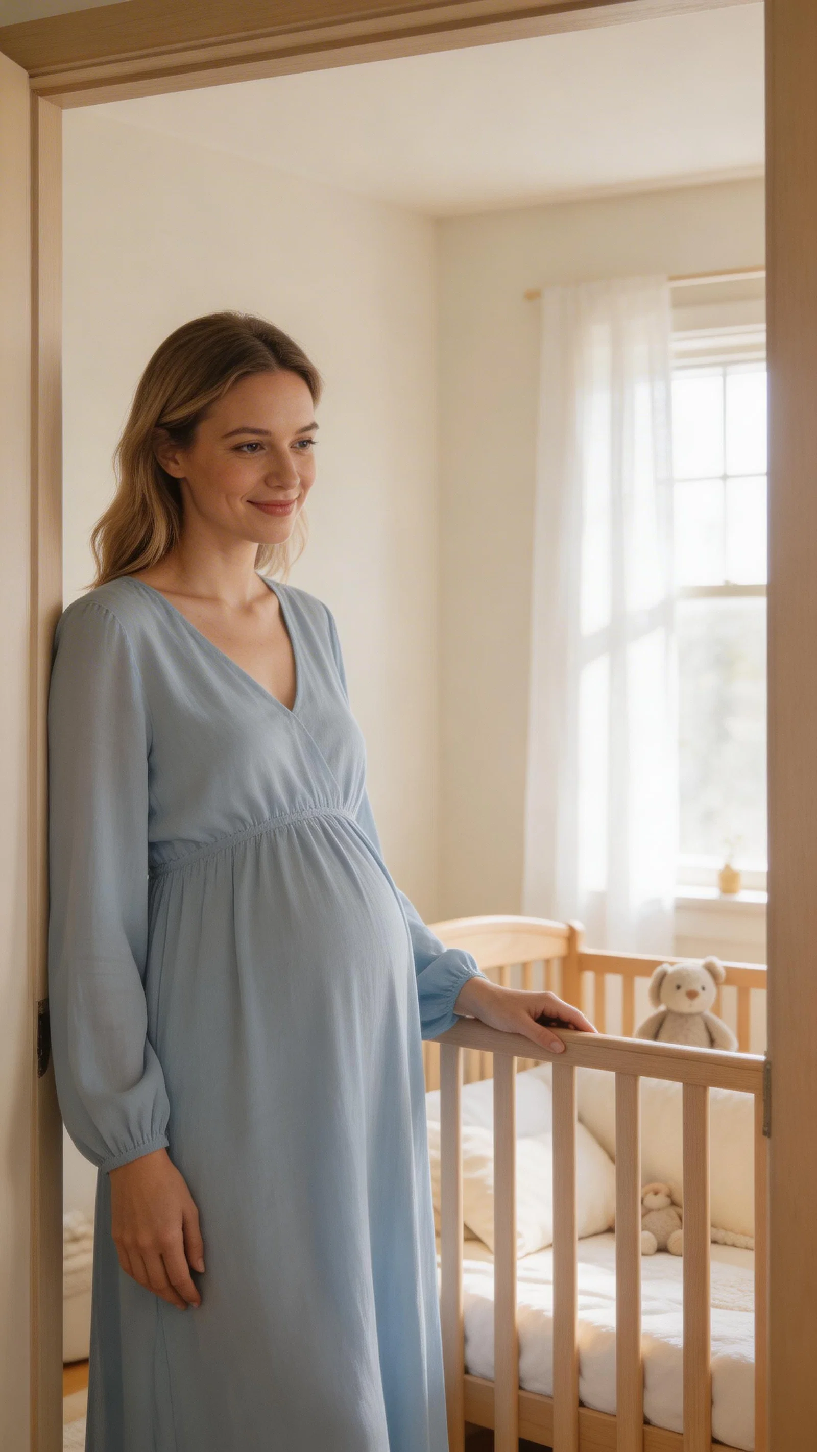 Pregnant woman in a nursery doorway with soft natural light