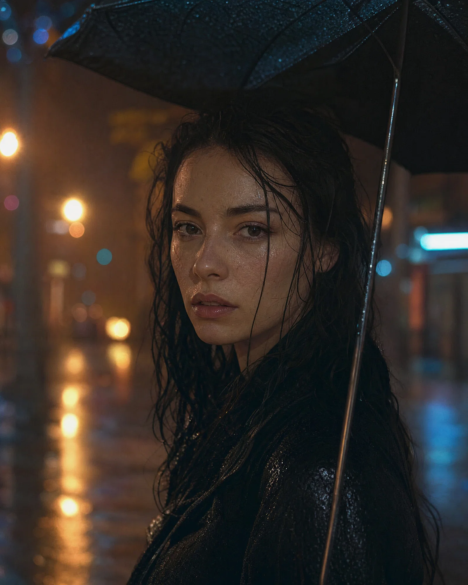 Rainy neon night portrait with umbrella, reflections, and strong bokeh on 50mm.