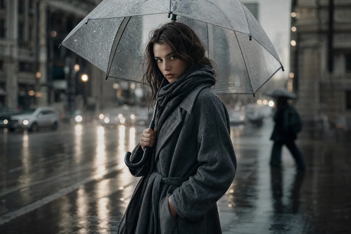 Rainy street editorial portrait with umbrella, wet reflections, and cool cinematic color grade.
