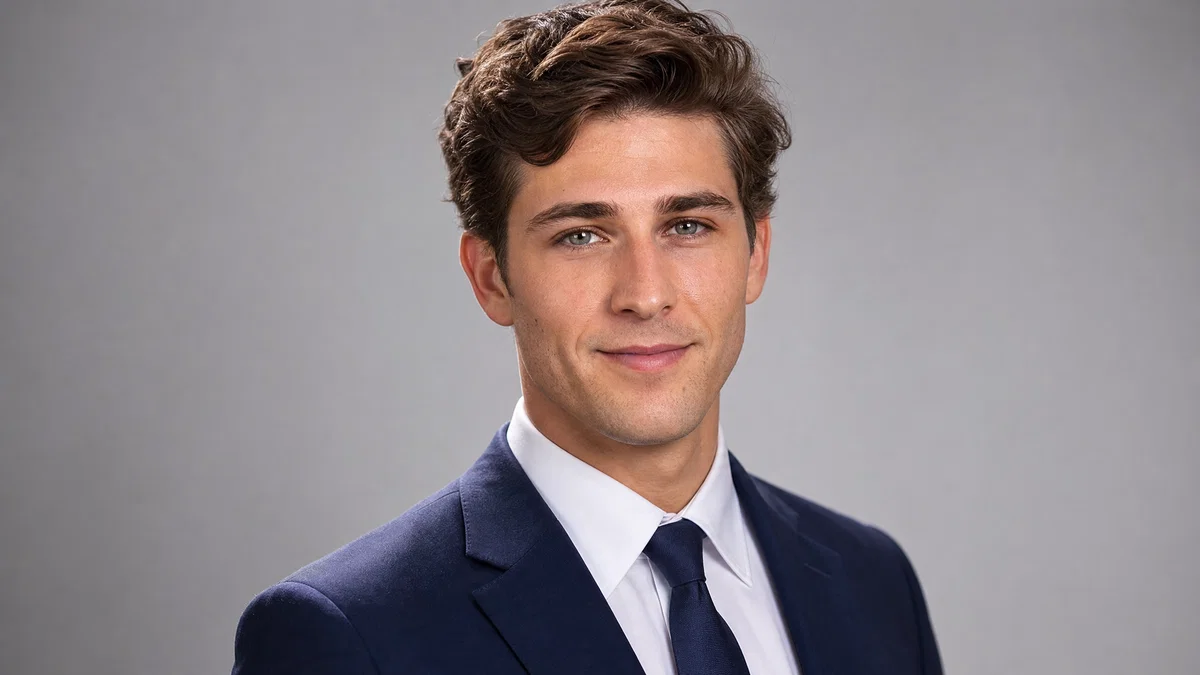 Realistic corporate LinkedIn headshot on light gray background with soft key and rim light.