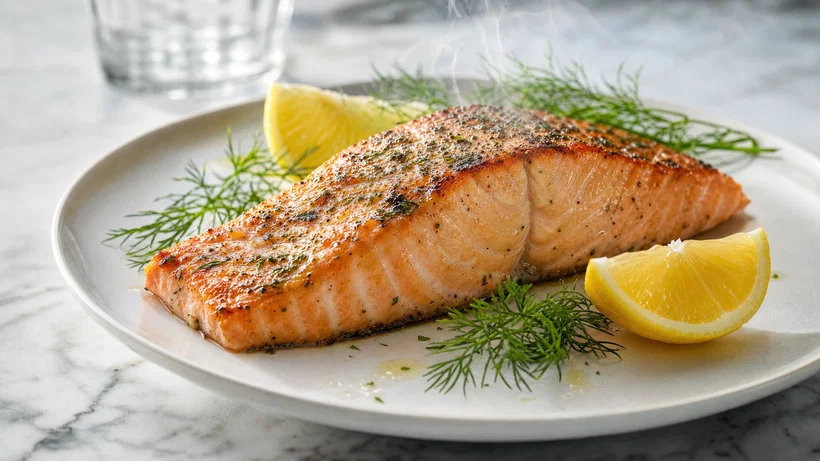 Realistic plated salmon on marble with soft side light and natural texture.