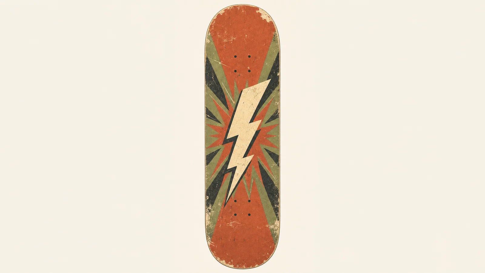 Retro skateboard silhouette with lightning bolt and distressed 70s color blocks on cream background.