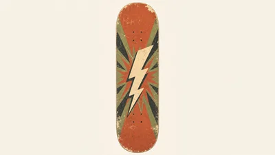Retro skateboard silhouette with lightning bolt and distressed 70s color blocks on cream background.