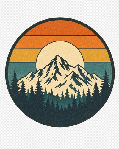 Retro sunset circle badge with mountains and pines, limited colors, transparent background.