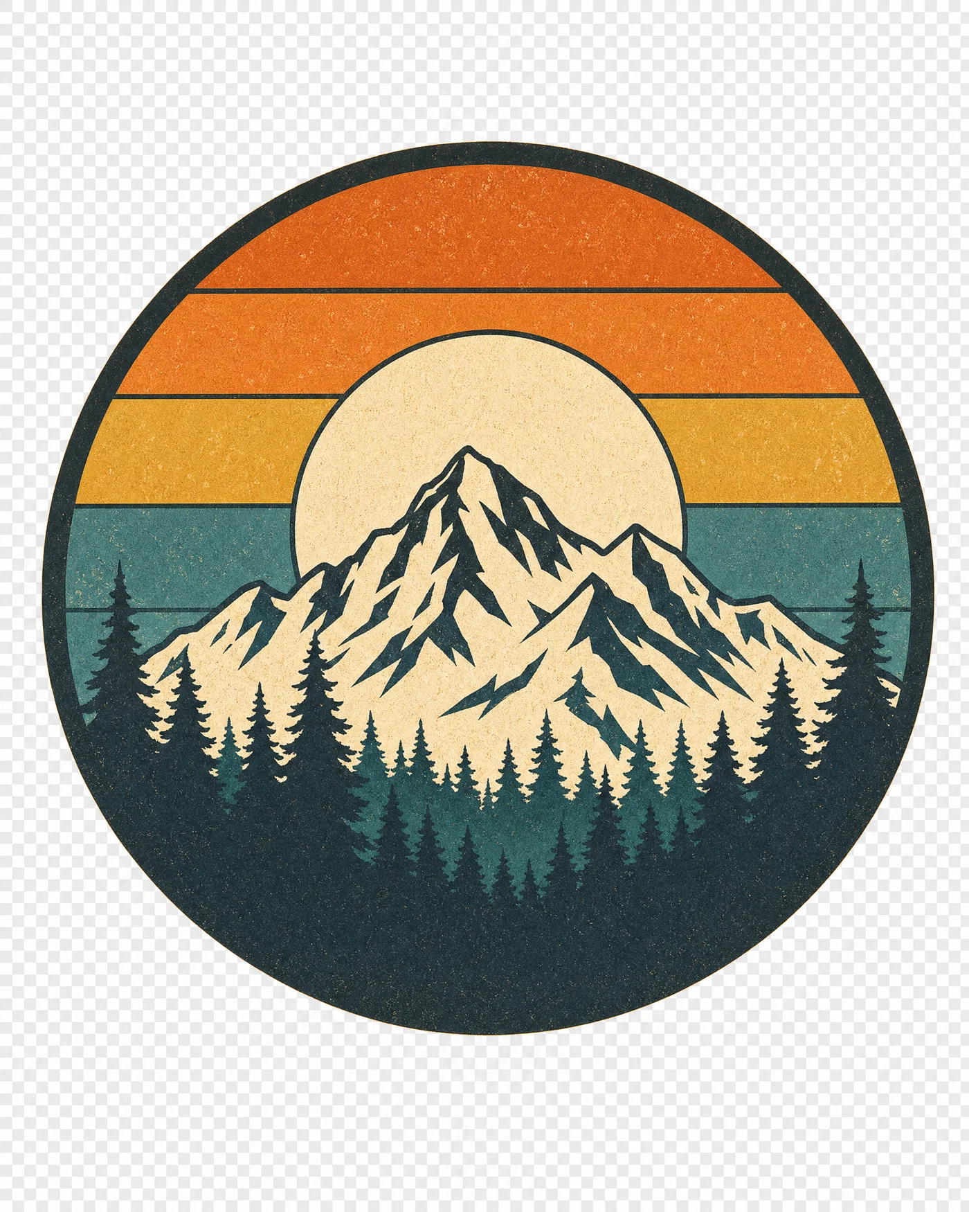 Retro sunset circle badge with mountains and pines, limited colors, transparent background.