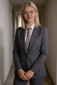 Same attorney half-body portrait in neutral hallway, partner-level confidence