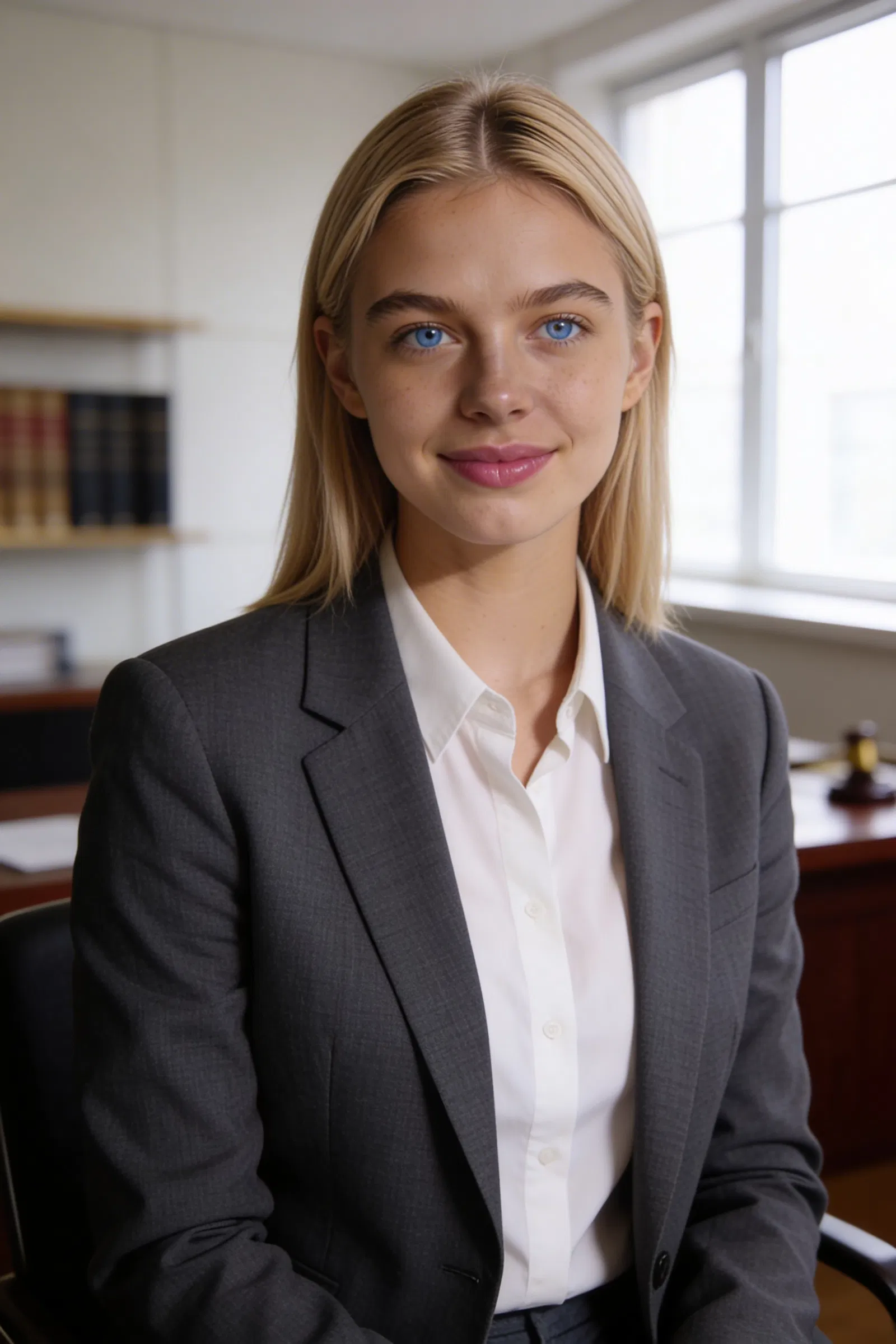 Same attorney seated in law office, half-body portrait