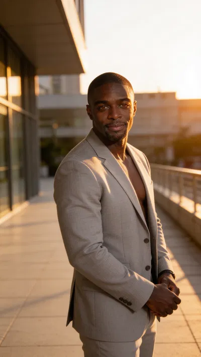 Same character 3/4 body golden-hour portrait with modern architecture