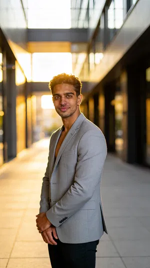 Same character 3/4 body golden-hour portrait with modern architecture