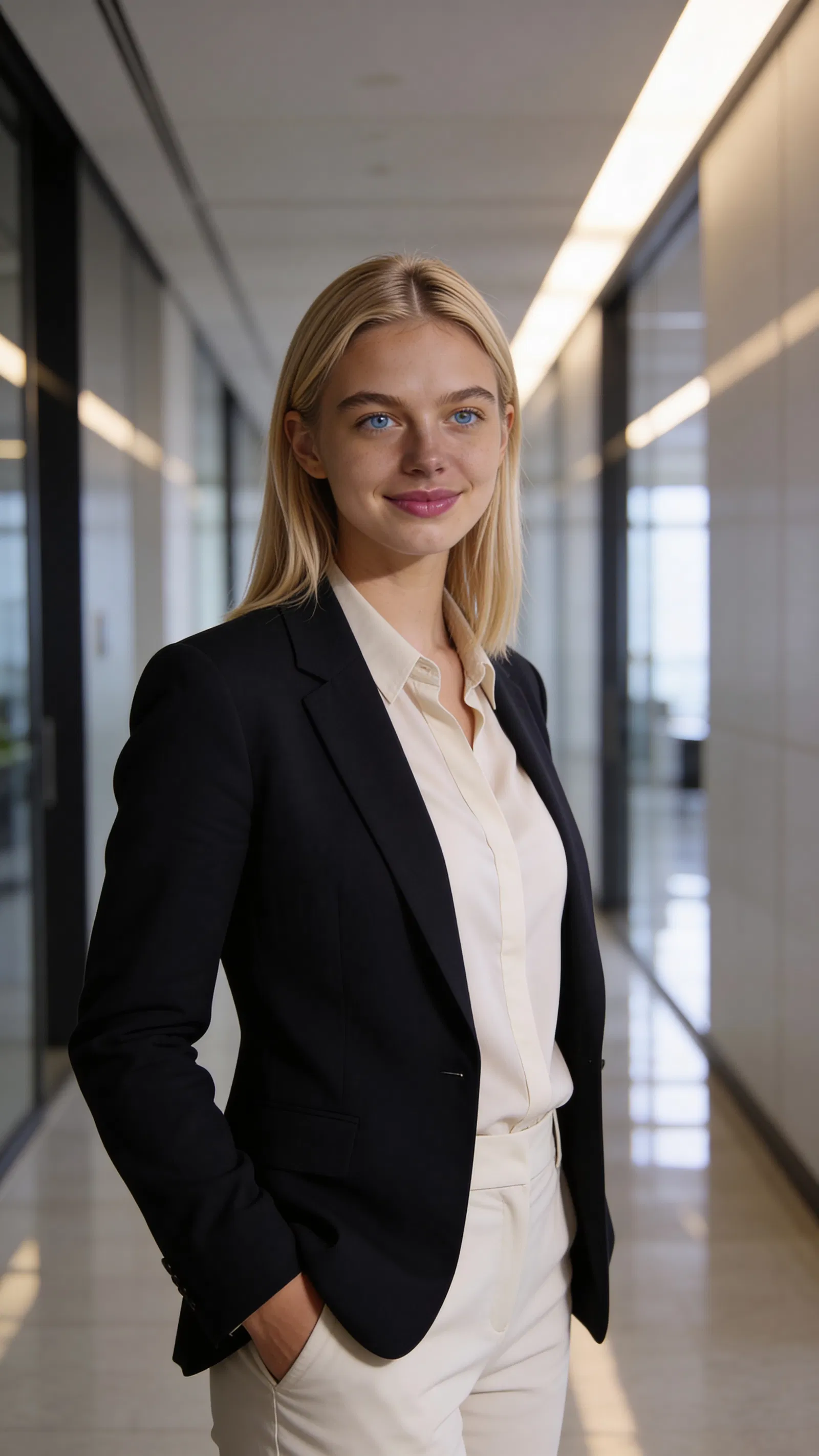 Same character 3/4 body portrait in modern office hallway with leading lines