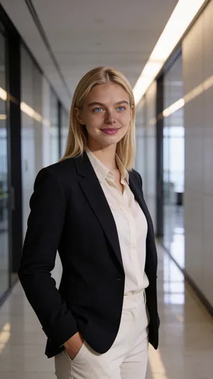 Same character 3/4 body portrait in modern office hallway with leading lines