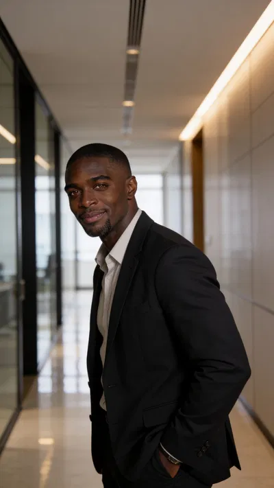 Same character 3/4 body portrait in modern office hallway with leading lines