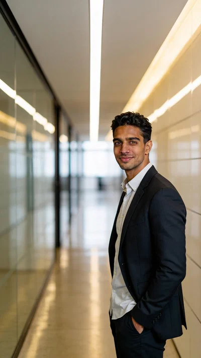 Same character 3/4 body portrait in modern office hallway with leading lines