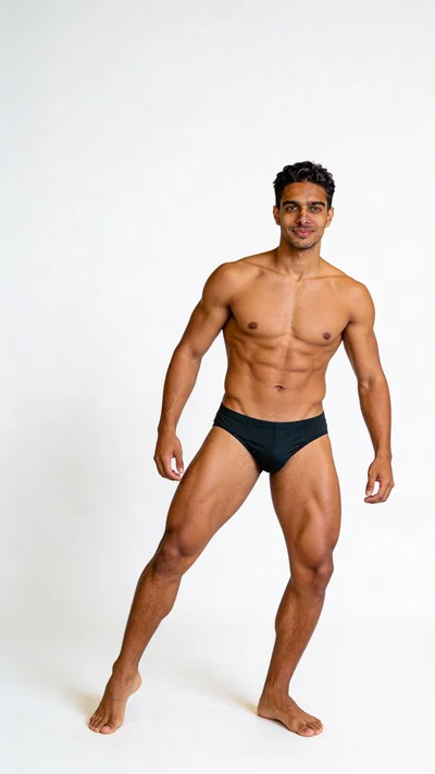 Same character abs-and-thigh pose on white seamless, full-body check-in