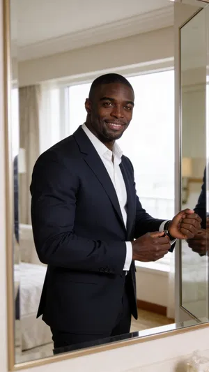 Same character adjusting cufflinks in hotel suite window light