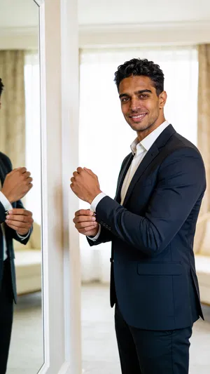 Same character adjusting cufflinks in hotel suite window light