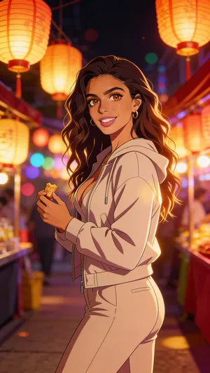 Same character anime environmental portrait at a lantern-lit night market