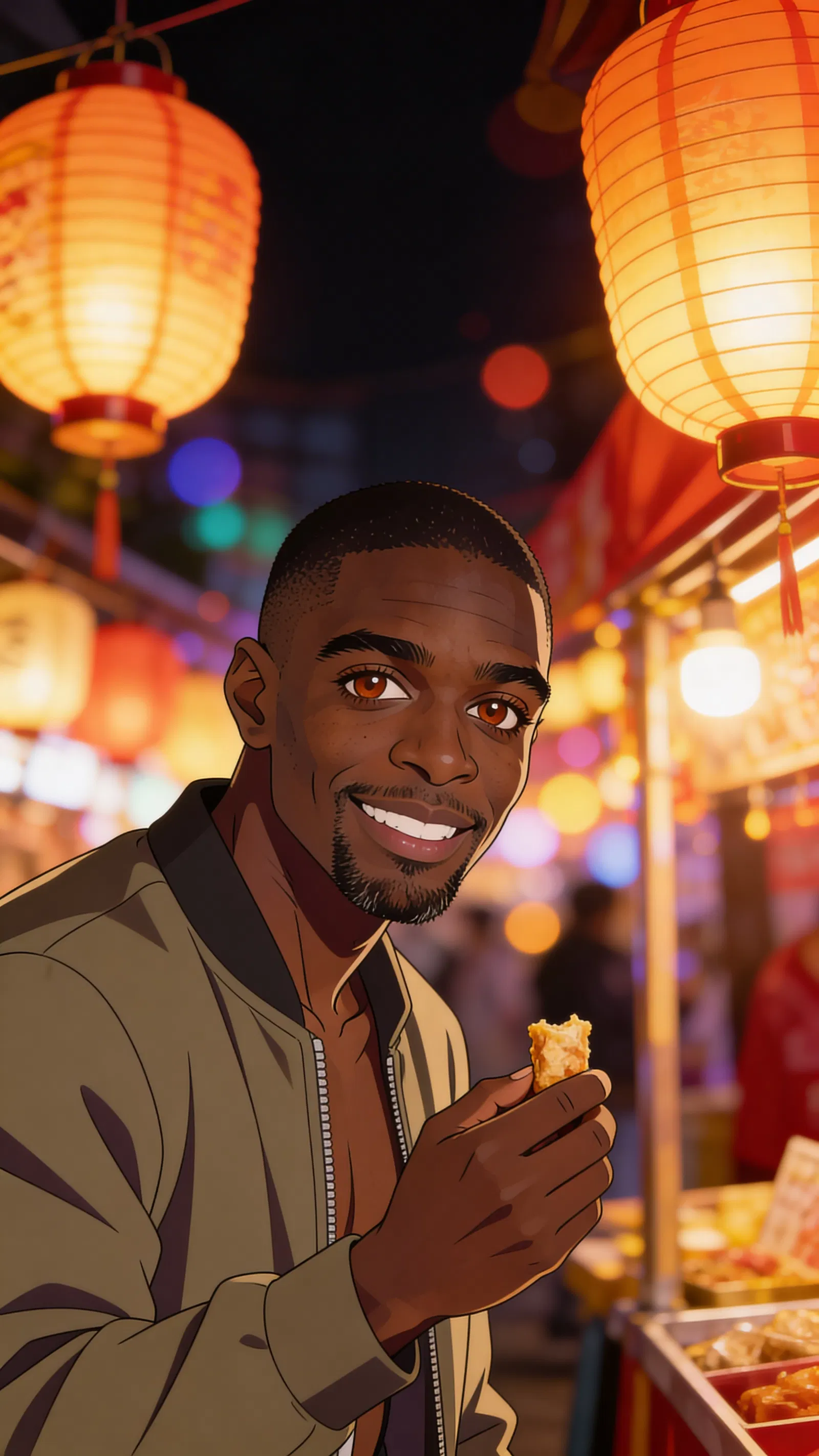 Same character anime environmental portrait at a lantern-lit night market