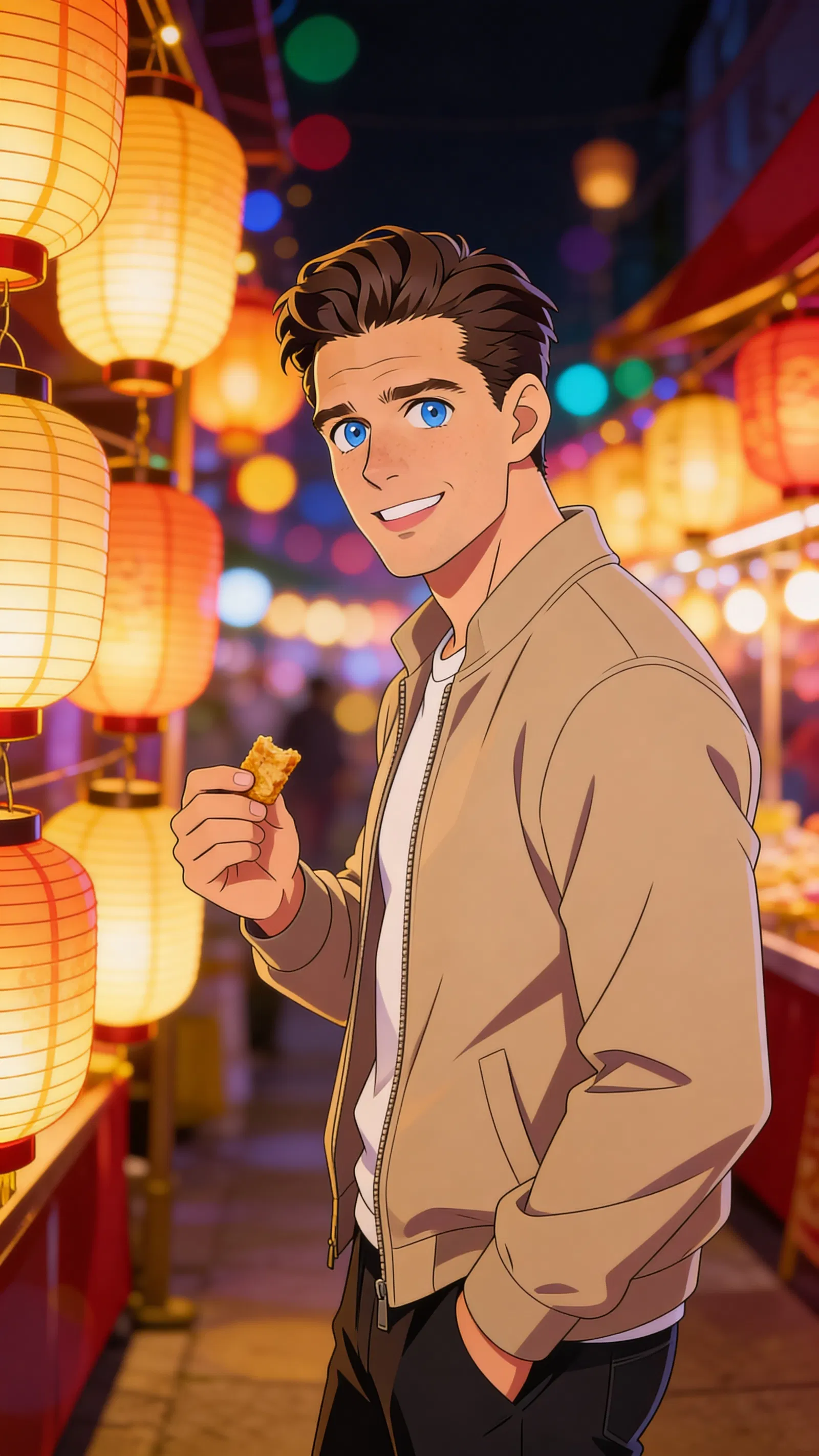 Same character anime environmental portrait at a lantern-lit night market